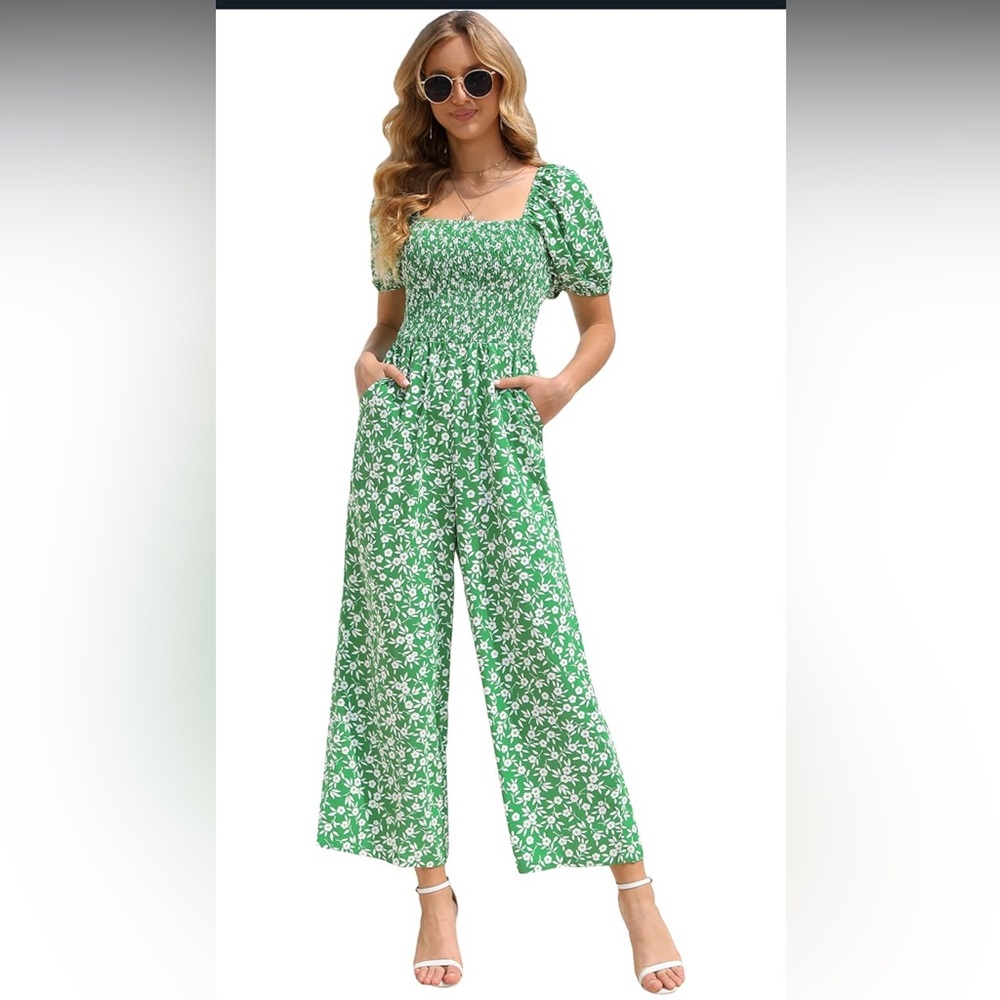 Green and White Floral Off-Shoulder Jumpsuit with Wide-Leg Design